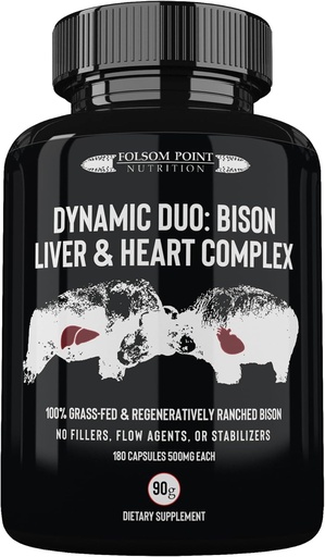 [BRSROEDQBAMBQF3G] Dynamic Duo: 100% Grass-Fed Bison Liver & Heart Complex | Desiccated Bison Liver and Heart Pill Supplement (Single Bottle) | Made in USA