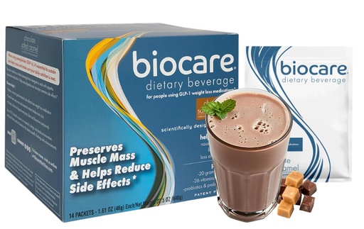 [BRSRAFQ7DJ5RSF32] Biocare Nutričný nápoj pre užívateľov GLP-1, Dietary Powder Drink Poskytuje 20g Essential Protein, 26 Vitamíny/Minerals, Pomáha šetriť nevoľnosť, Bloating, Zápcha, Čokoládová soľ Karamel (14 Počet)