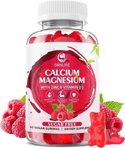 [BRSRAGQCPJ6RADTX] Calcium Magnesium Zinc Gummies with Vitamin D3, Sugar Free Calcium Gummies for Women Men, Raspberry Flavor - 60 Count