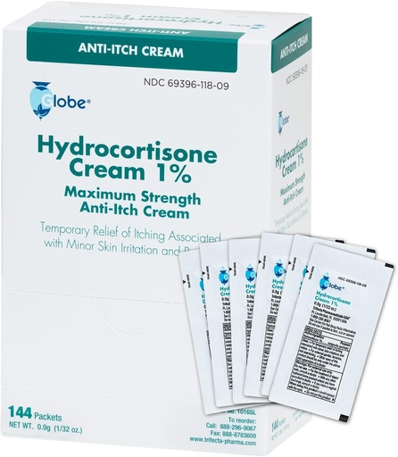 [BRSRMBAQAACGODT3] Globe (Box 144 Hydrocortisone 1% Maximum Strength Cream, (0.9g Single Packet) Anti-Itch Cream for Redness, Swelling, Itching, Rash, Bug/Mosquito Bites, Eczema, Hemorrhoids & More
