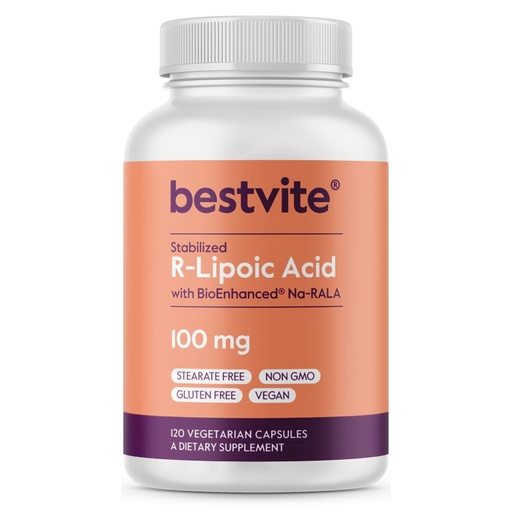 [BRSWIZIOO55RMH3M] BESTVITE R-Lipoic Acid 100mg Stabilized with Bio-Enhanced® Na-RLA (120 Vegetarian Capsules) No Stearates - No Flow Agents - Vegan - Non-GMO - Gluten Free
