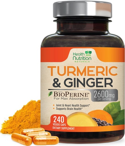 [BRSW2YYOOYFQEG33] Turmeric Curcumin Supplement - 2000mg Organic Turmeric & 400mg Organic Ginger per Serving - 95% Curcuminoids & BioPerine Black Pepper for Best Absorption & Joint Support, Bottled in USA - 240 Capsules