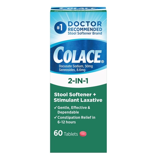 [BRSWIYQABYMR4YL6] Colace 2-in-1 Stool Softener Plus Stimulant Laxative Tablets, 60 Count (Pack of 1), Gentle Constipation Relief, Docusate Sodium Plus Sennosides