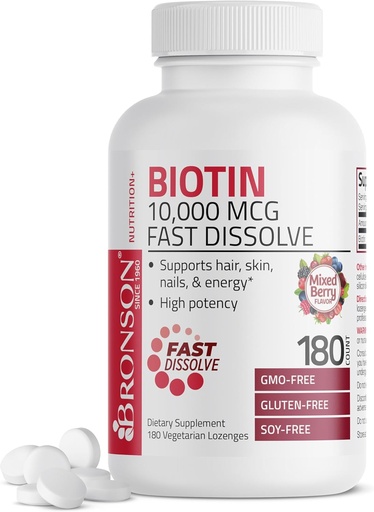 [BRSROZQ6BUAQEELO] Bronson Biotin 10,000 MCG Lozenges Fast Dissolve High Potency Supports Hair, Skin & Nails Mixed Berry Flavor - Non-GMO, 180 Vegetarian Lozenges