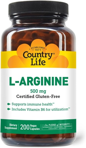 [BRSWIYQ4BQARYGTG] 乡村生活 L-Arginine Caps 配有维生素B-6,500mg,200 Vegan Capsules, 认证格吕滕自由,认证格冈
