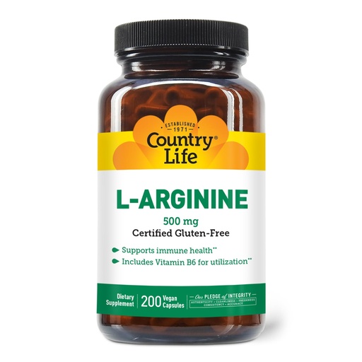 [BRSWIYQ4BQARYGTG] Country Life L-Arginine Caps with Vitamin B-6, 500mg, 200 Vegan Capsules, Certified Gluten Free, Certified Vegan