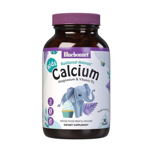 [BRSWIZQ6CN5RCCD2] BlueBonnet Super Earth Rainforest Animalz Calcium Magnesium And Vitamin D3 Chews, Natural Vanilla Frosting, White, 90 Count