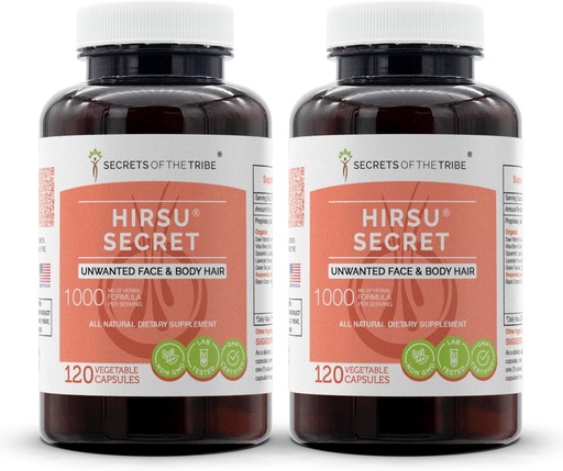 [BRSWGALROUFRMA3L] Hirsu Secret 120 Kapsułki (2 szt.), 1000 mg, Saw Palmetto, Black Cohosh, Vitex, Spearmint, Lavender, Zielona herbata. Niechciane włosy twarzy i ciała (2x120 kapsułki)