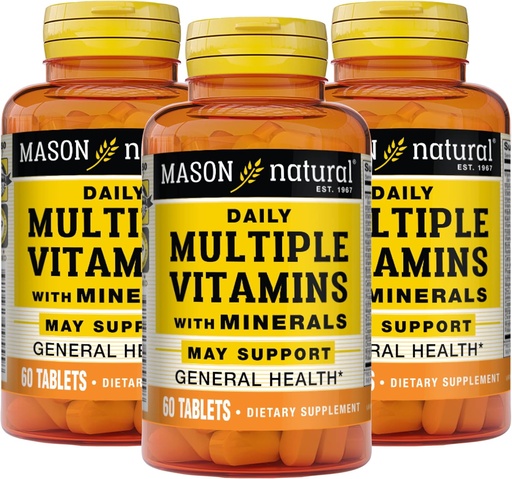 [BRSRMFIEAUFAO3AY] MASON NATŪRALUS Dienos Keli vitaminai su mineralais - 24 Eteriniai vitaminai ir mineralai, Viskas viename Multivitaminų, Palaiko bendrą sveikatos, 60 tablečių (pakuotėje 3)