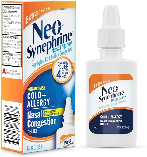 [BRSWYGDQOIFGM3Q7] Neosynephrine, Nasal Spray for Cold Sinus Relief Extra Strength, Clear, 0.5 Fl Oz