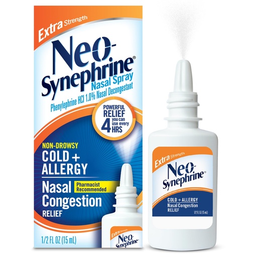 [BRSWYGDQOIFGM3Q7] Neosynephrine, Nasal Spray for Cold Sinus Relief Extra Strength, Clear, 0.5 Fl Oz