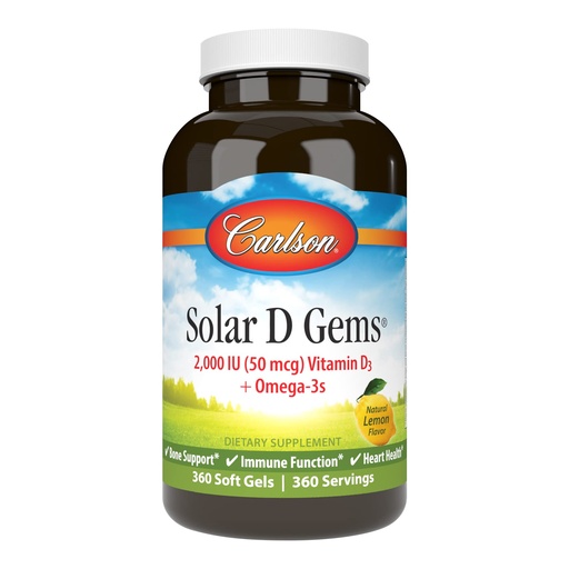[BRSWECQ2BMFRUE3X] Carlson - Solar D Gems, Vitamin D3 and Omega-3 Supplement, 2000 IU (50 mcg) Vitamin D3, 115 mg Omega-3s EPA and DHA Supplement, Wild Caught, Sustainably Sourced, Lemon, 360 Softgels