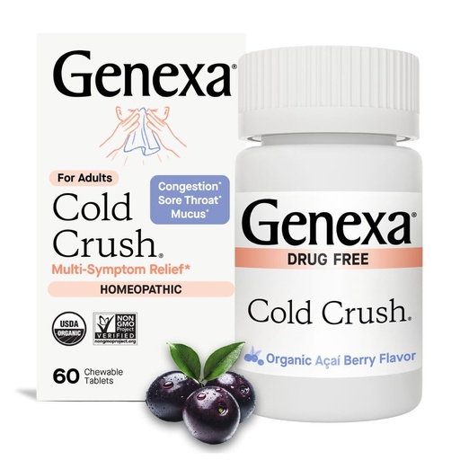 [BRSWKFAKA4AGG2LU] Genexa Cold Crush | Multi-Symptom Cough & Cold Relief for Adults | Delicious Organic Acai Berry Flavor | Certified Organic & Non-GMO | Homeopathic Remedy Made Clean | 60 Chewable Tablets