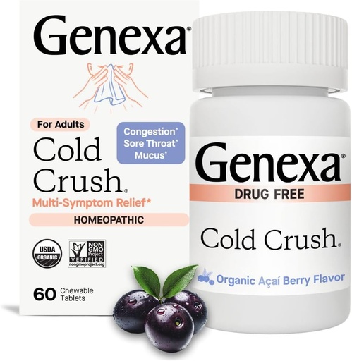 [BRSWKFAKA4AGG2LU] Genexa Cold Crush | Multi-Symptom Cough & Cold Relief for voksne | Delicious Organic Acai Berry Flavor | Certified Organic & Non-GMO | Homeopatisk Remedy laget ren | 60 Chewable Tabletter