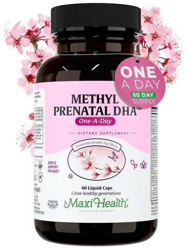 [BRSRAYYKCQCGKCDG] Maxi Health - Methyl Prenatal DHA Prenatal Vitamins Women - Doctor Formulated, Kosher, Gluten Free Prenatal Multivitamin with 25 Nutrients Including DHA, Folic Acid & More, 60 Liquid Caps