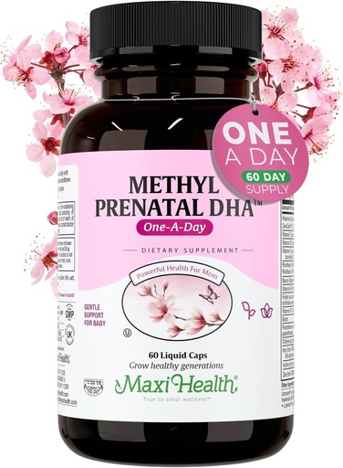 [BRSRAYYKCQCGKCDG] Maxi Health - Metyl Prenatal DHA Prenatal Vitamin Women - Doctor Padated, Kosher, gluten Free Prenatal Multivitamine z 25 Składnikami odżywczymi w tym DHA, Kwas foliowy i więcej, 60 Czapki płynne