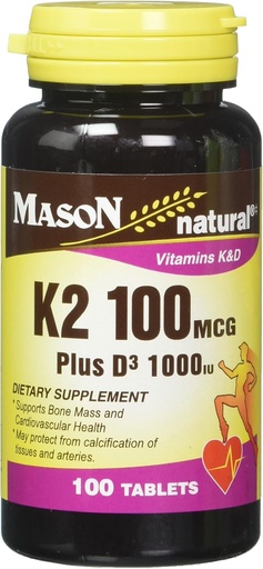 [BRSWKEAMOYIGIEY3] Mason Natural Vitamin K2 100 mcg Plus D3 1000 IU Tablets 100 Count per Bottle Pack of 3 Total 300 Tablets