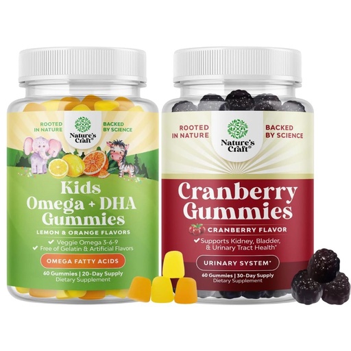 [BRSRMAI3OJ5A4YD5] Bundle of Plant Based Omega 3 Gummies for Kids and Natural Cranberry Gummies for Women and Men - for Vision Immunity and Focus Support - for Urinary Tract Health Kidney Support Bladder and Immunity