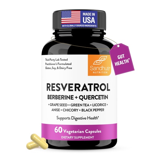 [BRSRAFITAF6QGCQ2] Resveratrol with Berberine Supplement For Gut Health Support | 60 Digestive Capsules For Women & Men | With Green Tea Extract, Star Anise, DGL, Grape Seed & Quercetin | Helps Ease Bloating & Digestion