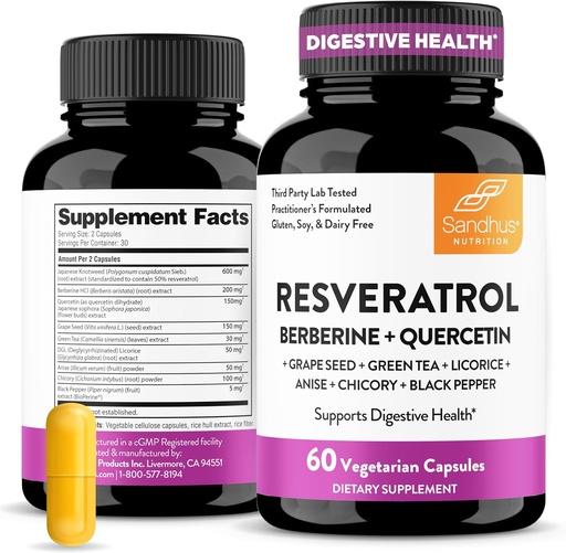 [BRSRAFITAF6QGCQ2] Sandhu's Resveratrol with Berberine for Gut Health | Digestive Supplement for Women & Men | Green Tea, Star Anise, DGL, Grape Seed Extract & Quercetin | Eases Bloating | 60 Capsules (Pack of 1)
