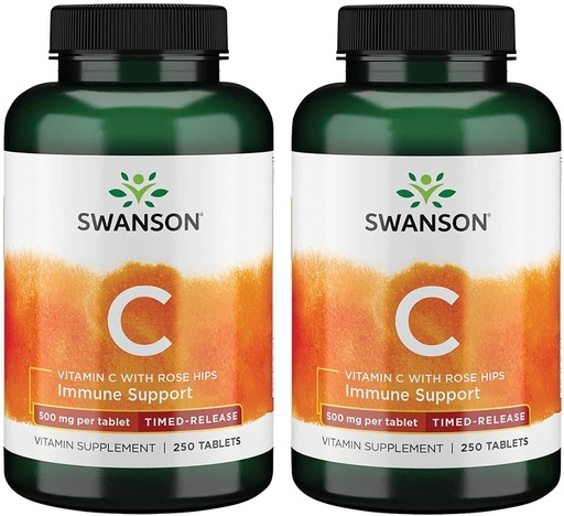 [BRSWGAANDMMQI2DU] Swanson Timed-Release Vitamin C with Rose HIPS Immune System Support Skin Cardiovascular Health Antioxidant Supplement 500 mg 250 Tablets (Tabs) (2 Pack)