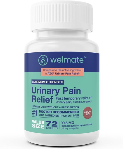 [BRSWYHQNDN6AEHTZ] WELMATE - Urinary Pain Relief (72 Tablets) - Phenazopyridine Hydrochloride 99.5mg - Urinary Pain, Urgency, & Discomfort - Maximum Strength - Over-The-Counter Medication