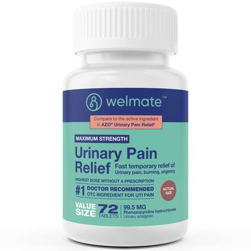 [BRSWYHQNDN6AEHTZ] WELMATE UTI Medicine Urinary Pain Relief Maximum Strength 72 Count - Phenazopyridine HCl 99.5mg Tablets, Fast Relief for Burning, Urgency, Bladder Infection Discomfort, OTC for Men and Women