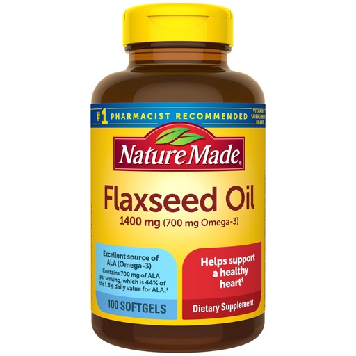 [BRSWI2QHAB7AKCD6] Nature Made Extra Strength Flaxseed Oil 1400 mg, Fish Free Omega 3 Supplement, Dietary Supplement for Heart Health Support, 100 Softgels, 100 Day Supply