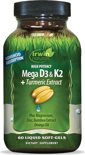 [BRSRMBQ5C54BMETK] Irwin Naturals High Potency Mega D3 & K2 + Kurkuma Extract - 60 Liquid Softgels - gezonde botten en immuunfunctie