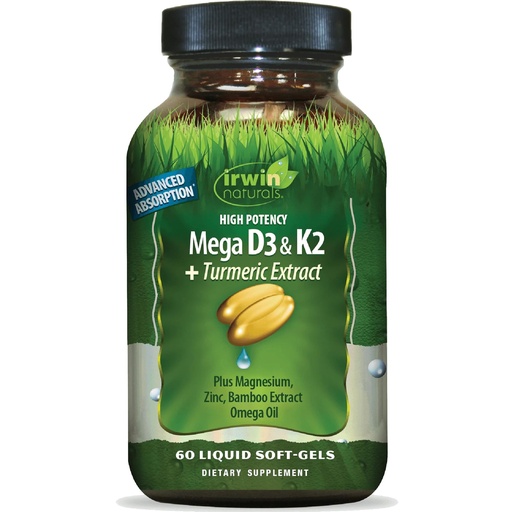 [BRSRMBQ5C54BMETK] Irwin Naturals High Potency Mega D3 & K2 + Turmeric Extract — 60 Liquid Soft-Gels