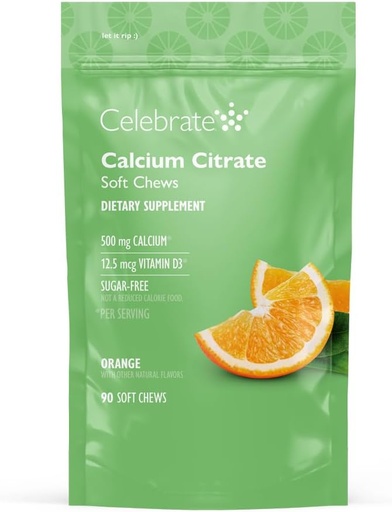 [BRSWGYYRA4GRYF3Z] Celebrate Vitamins Bariatric 500mg Calcium Citrate Soft Chews with 500 IU Vitamin D3 – Essential for Gastric Bypass Patients & Bone Health - Sugar & Gluten Free, Orange (90 Chews)