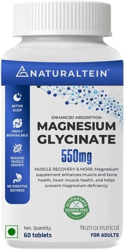 [BRSRAA3RBYCBAYDF] Magnesium Glycinate Supplement - 60 Tablets x 121 mg Elemental Magnesium, 555 mg Once Daily Women Pure Chelated Bisglycinate for Good Health and Sleep - Tested and Trusted for Heavy Metals