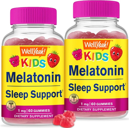 [BRSROYI6BMCRO2T2] WellYeah Kids Melatonin Gummies 1 mg (2 Pack) - Drug-Free Sleep Aid Gummy Supplement, Sleep Support for Kids - Gluten Free, Gelatin Free, Non GMO, Vegetarian - Natural Sourced Flavor - 60 Gummies