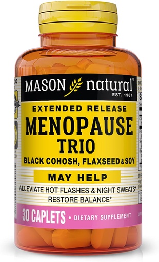 [BRSWI2QPAACW233C] Mason Natural Ménopause Trio: Cohosh noir, lin et soja (Extended Release) - Peut atténuer les éclairs chauds et les sueurs de nuit*, soutient l'équilibre hormonal sain*, 30 caplets