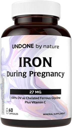 [BRSROCYFAR5G2CLZ] Iron Supplement, Ferrous Bisglycinate, Gentle, with Vitamin C as L-Calcium Ascorbate, During Pregnancy by Undone by Nature, 100% Daily Value, Blood Builder, 60 Vegan Caps