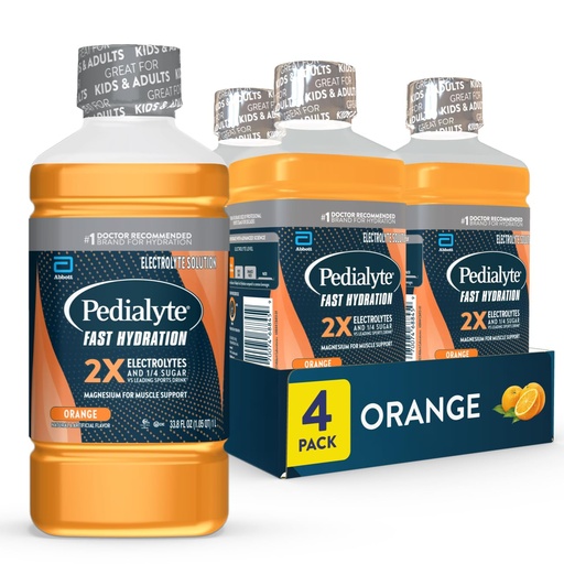 [BRSROEA2BUPAEHLG] Pedialyte Fast Hydration Electrolyte Solution, Orange, Hydration Drink, 33.8 Fl Oz (Pack of 4)