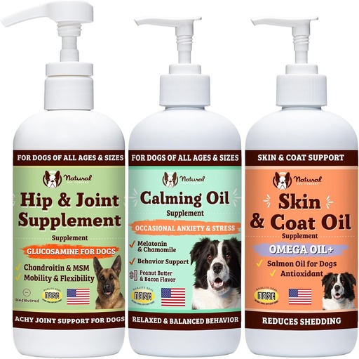 [BRSRMGIYCJ5RSDLL] Natural Dog Company Wellness Bund$le for Dogs, Food Toppers, Liquid Supplements with (1) Skin & Coat Oil, (1) Liquid Glucosamine, (1) Calming Oil