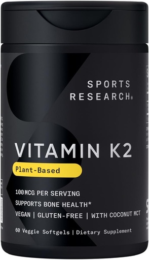 [BRSWIGAOAAMRKADU] Sport Research® vitamine K2 comme MK-7 100mcg avec huile de noix de coco MCT - 60 softgels veggie (2 mois d'approvisionnement) Vegan certifié, non-OGM vérifié, sans gluten et sans soja