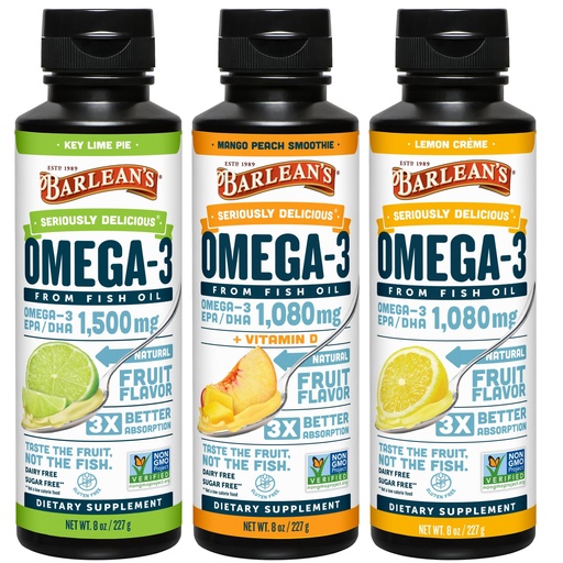 [BRSRAZYHCEHQAYIU] Barlean's Omega 3 Fish Oil Liquid Supplement for Men and Women, 1500mg of EPA and DHA Fatty Acid, Promotes Brain & Heart Health - Non-GMO, Variety Pack, 8 oz