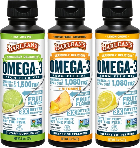 [BRSRAZYHCEHQAYIU] Barleans Omega 3 Fish Oil Liquid Supplement 3-Flavor Variety Pack für Männer und Frauen, EPA und DHA Fatty Acid, enthält Key Lime Pie, Zitronen Crème und Mango Peach Flavors, 8 oz