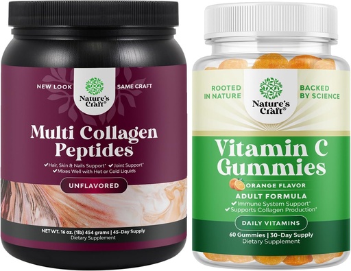 [BRSRAZIDOYMQYF3G] Bundle of Multi Collagen Protein Powder for Women and Men - Hair Skin and Nails Vitamins and Chewable Vitamin C Gummies for Adults Immune Booster for Adults and Natural Cold Remedy