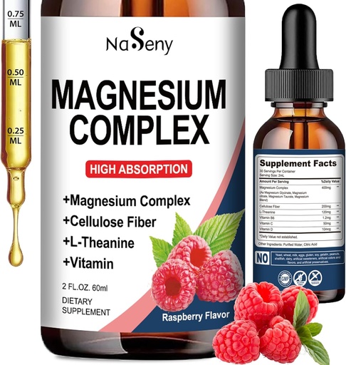 [BRSRAZTQOYMBG3L5] Magnesium Complex Supplement, 400mg of Magnesium Glycinate, Malate & Citrate Vitamin Blend for Women and Men, High Absorption - for Relaxation, Good Sleep & Nerve Health (60ML/Raspberry)