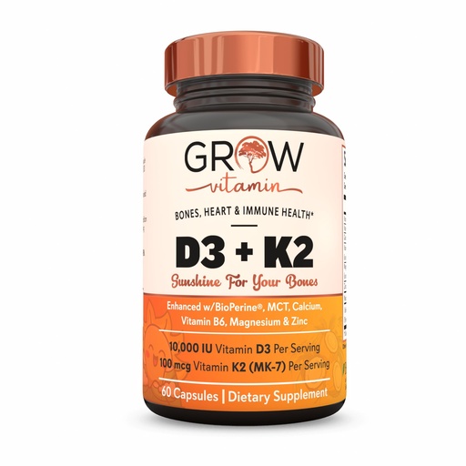 [BRSRAZI6C4CAM3Q6] grow vitamin D3 K2 w/MCT Oil - 10,000 IU D3, 100 mcg K2 MK7, Calcium, Zinc, BioPerine, Magnesium for Superior Absorption - 60 Capsules