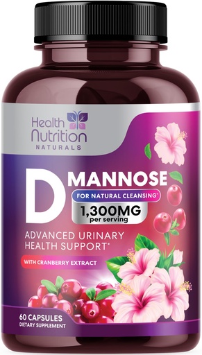 [BRSWYAIQCEJRY2TF] D-Mannose Supplement - 1,300mg Organic D Mannose Per Serving with Organic Cranberry Extract - Fast-Acting, Natural Urinary & Bladder Support for Women & Men – Flush & Cleanse Impurities – 60 Capsules
