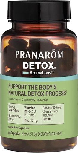 [BRSRAFL5OJYRMHLD] Pranarom - Aromaboost Detox Suplemento Herbal - Elimina las toxinas y los dibujos El cuerpo - Esteto de leche y zinc - Vitaminas D3 y E - Aceite Esencial de limón - 60 Cuenta