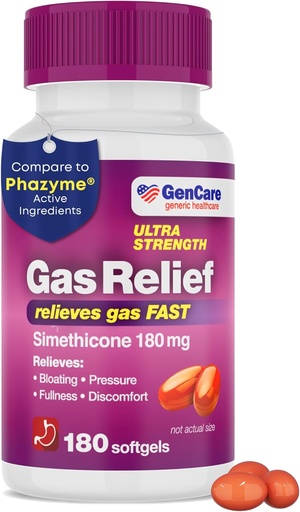 [BRSWGCYZDMJRM2A2] GenCare - Ultra Strength Simethicone Gas Relief 180 mg (180 Softgels) | Anti Flatulence, Bloating Aid, Stomach Discomfort and Gas Pressure Reliever Pills | Relieves Gas Fast | Generic Phazym