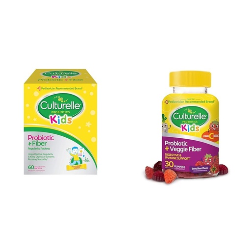 [BRSROAIQBUORGD36] Culturelle Kids Probiotic + Fiber Packets (Ages 3+) - 60 Count & Daily Probiotic for Kids + Veggie Fiber Gummies (Ages 3+) - 30 Count - Digestive Health & Immune Support Berry Flavor with a Vitamin C