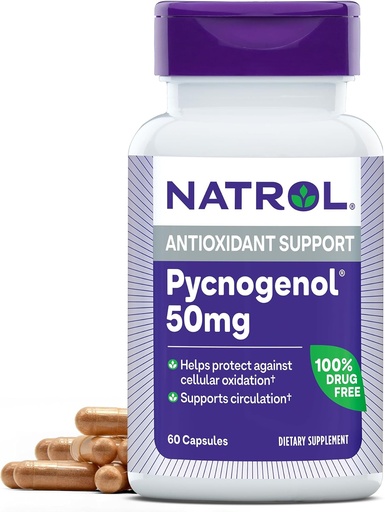 [BRSWIYTZOZ5GIDTF] Natrol Pycnogenol Capsules, Antioxidant Protection, Supplement Protects Against Cellular Oxidation and Age-Related Damage, European Maritime Pine Bark Extract, Supports Circulation, 50 mg, 60 Count