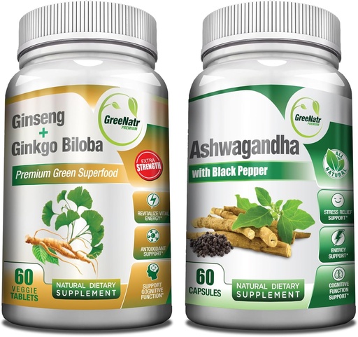 [BRSROFATO55BECT4] GreeNatr Premium Bundle for Holistic Well-Being: Βιολογικές κάψουλες Ashwagandha, με Μαύρο πιπέρι για ανακούφιση από το στρες, Plus Ginseng + Ginkgo Biloba Tablets, ένα Παραδοσιακό Ενισχυτικό Ενέργειας.