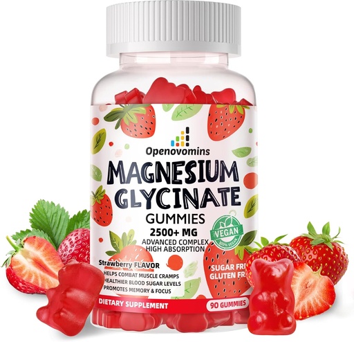 [BRSRAGQTC4NR4FIV] Magnesio Glycinate Gummies 2500mg - Suplemento de Potasio de Magnesio Libre de Azúcar con Vitamina D, B6, CoQ10 para calma Mood &amp; Sleep Support - 90 Strawberry Gummies